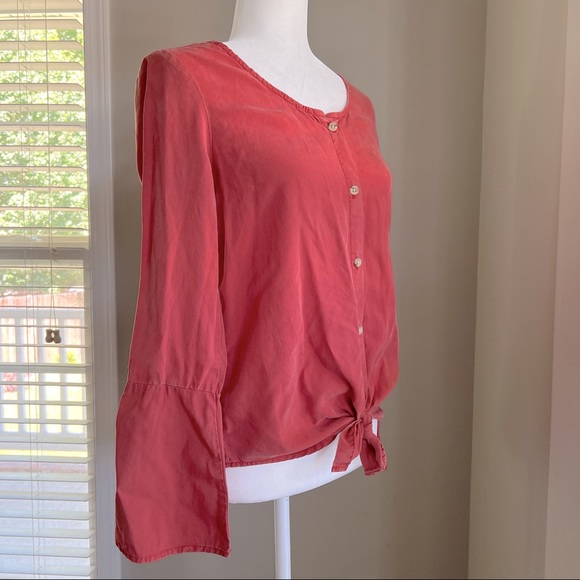 Button Down Coral Blouse with waist Tie and Bell/flare Sleeves - Picture 5 of 11